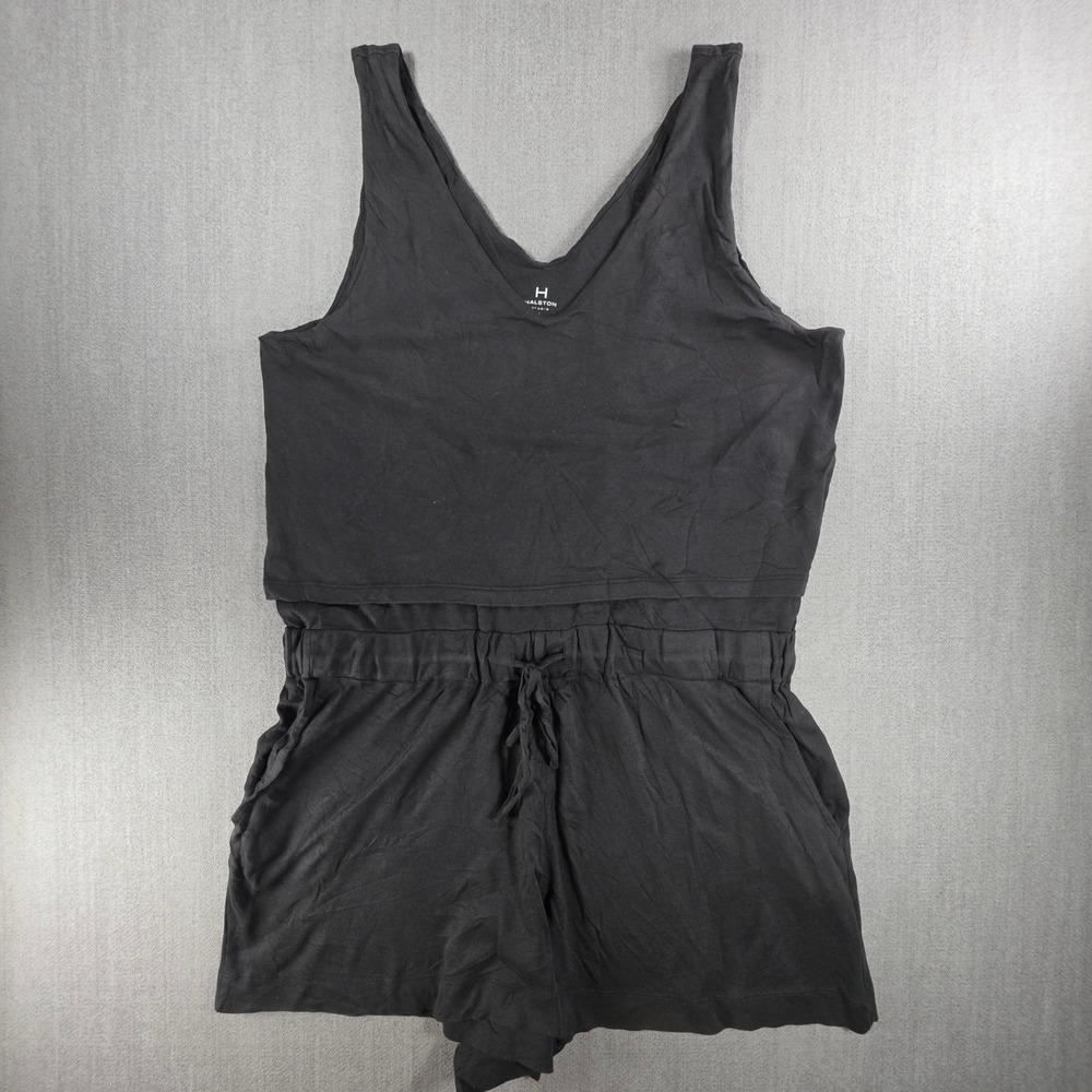 Halston Studio Romper Women‎ Large Black Cotton V-Neck Drawstring Waist Pockets